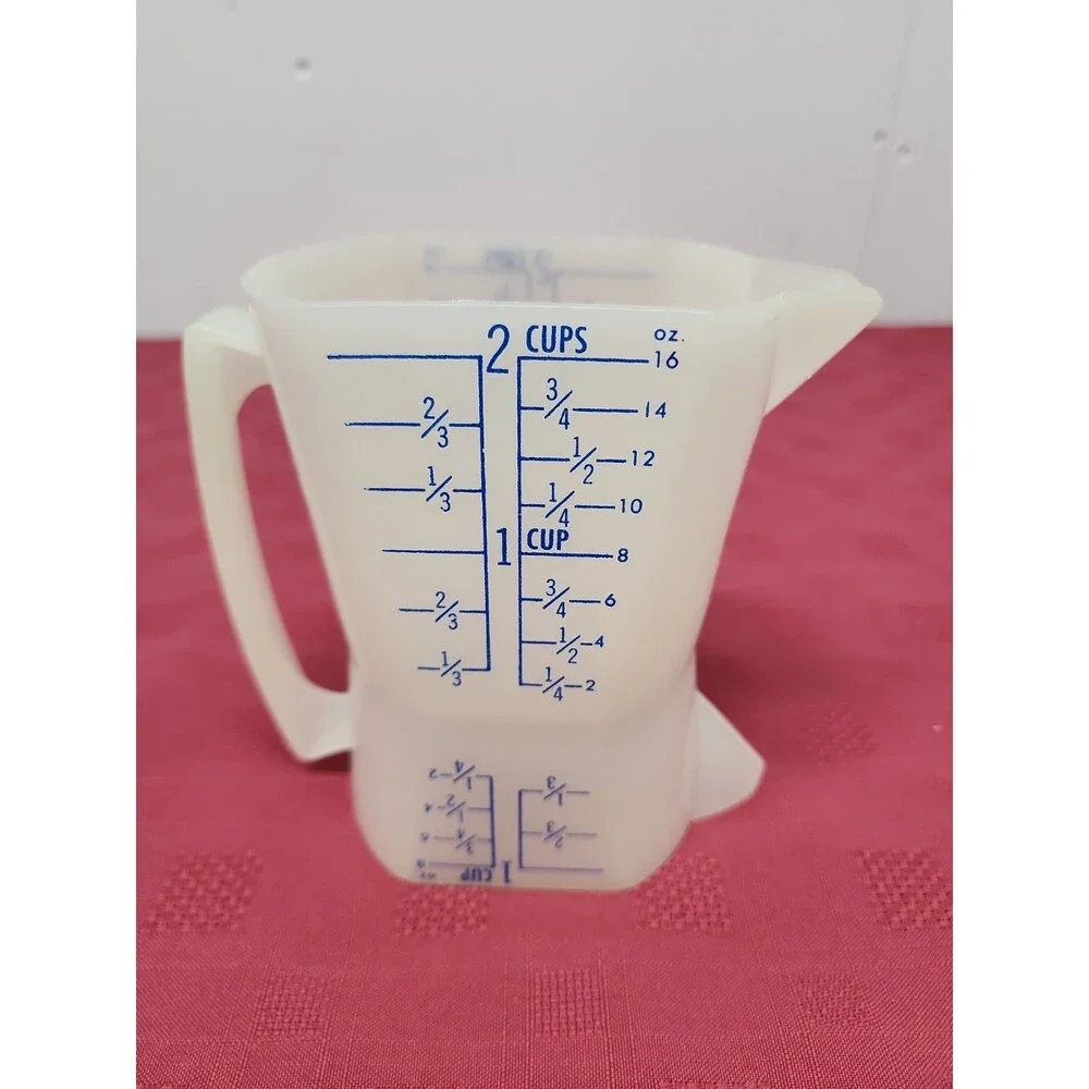 Vintage 1970's Westland Plastics Double Sided Measuring Cup Blue Graphics USA
